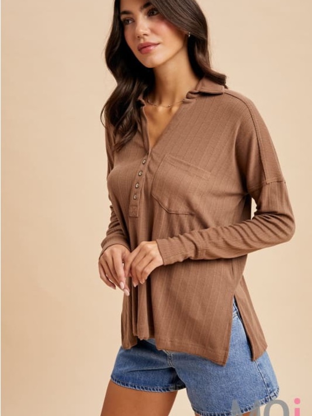 Ribbed Henley Boutique Long Sleeve Top - Brown
